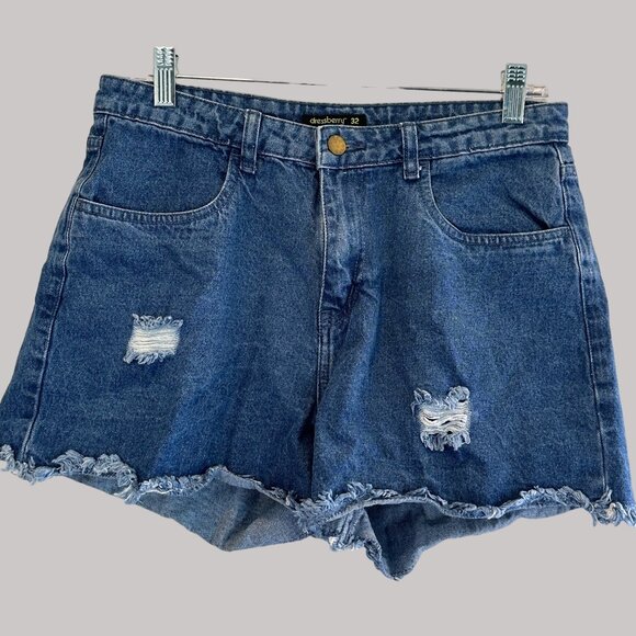 Dressberry Distressed Women's Cotton Denim Shorts 32 W/ Frayed Hem & Pockets - Picture 5 of 12